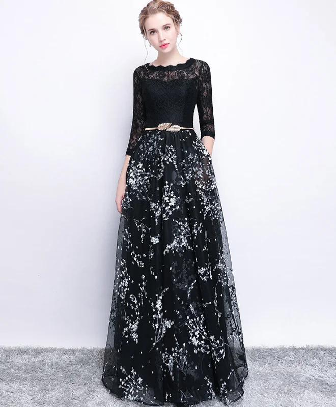 Black Lace Long Prom Dress, Long Sleeve Evening Party Dress Tunics Stylish modern