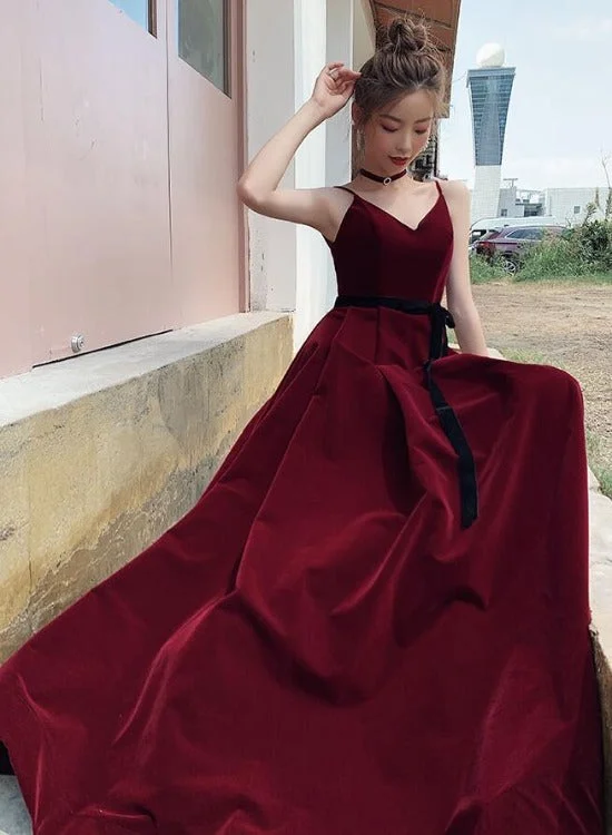 Beautiful Wine Red Velvet Long Party Dress Prom Dress, Dark Red Evening Dresses Tunics Short Trendy Beautiful Wine Red Velvet Long Party Dress Prom Dress, Dark Red Evening Dresses Tunics Short Trendy
