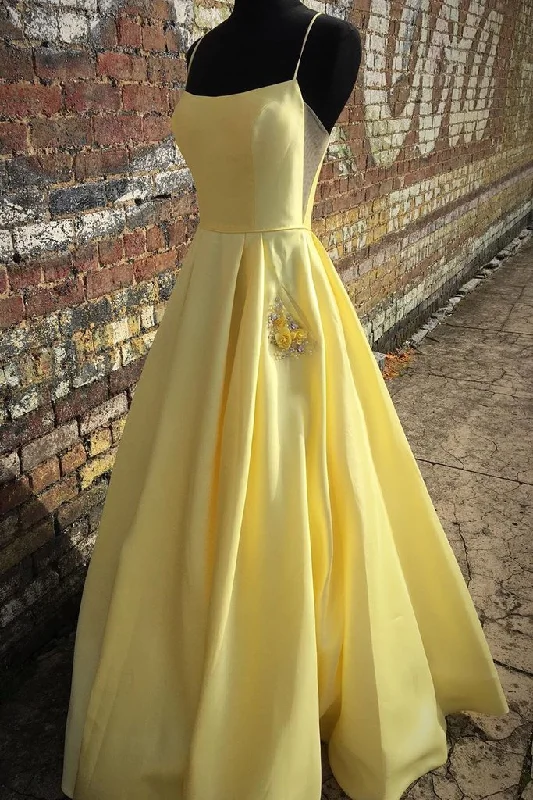 Yellow Satin Spaghetti Straps Long Prom Dress Party Dress With Pocket KS7187 Tunics Long Elegant Yellow Satin Spaghetti Straps Long Prom Dress Party Dress With Pocket KS7187 Tunics Long Elegant