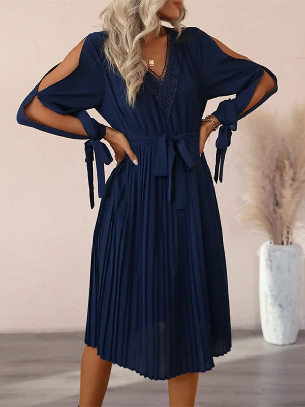 Hollow-out long-sleeve skirt pleated V-neck lace panel dress Tunics Practical durable Hollow-out long-sleeve skirt pleated V-neck lace panel dress Tunics Practical durable