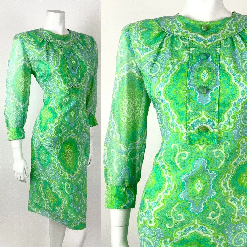 VTG 60s 70s GREEN BLUE WHITE FLORAL PSYCHEDELIC DAMASK BAROQUE MOD DRESS 12 14 Tunics Brand named