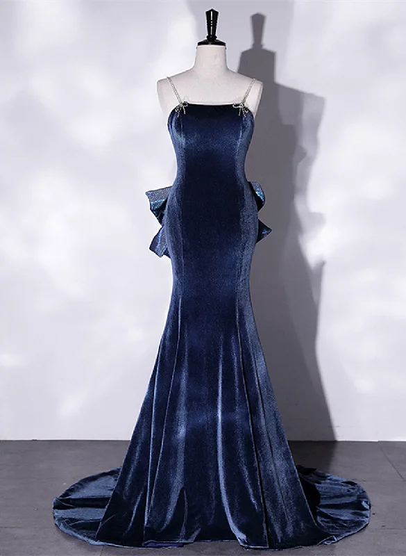 Blue Velvet Mermaid Straps Low Back Party Dress with Bow, Blue Long Evening Dress Tunics Hiking breathable Blue Velvet Mermaid Straps Low Back Party Dress with Bow, Blue Long Evening Dress Tunics Hiking breathable