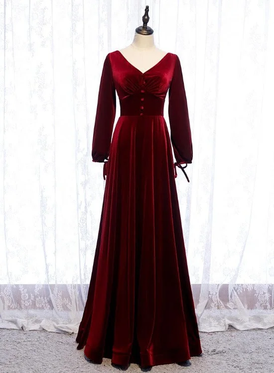 Charming Dark Red Velvet Long Sleeves A-line Party Dress, Bridesmaid Dress Tunics Custom made Charming Dark Red Velvet Long Sleeves A-line Party Dress, Bridesmaid Dress Tunics Custom made