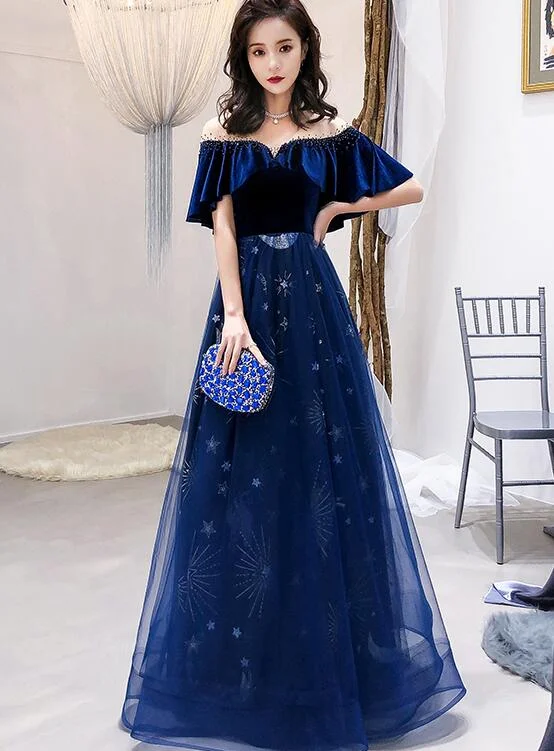 Navy Blue Velvet and Tulle Floor Length Evening Dress Party Dress, Blue Junior Prom Dresses Tunics Business professional Navy Blue Velvet and Tulle Floor Length Evening Dress Party Dress, Blue Junior Prom Dresses Tunics Business professional