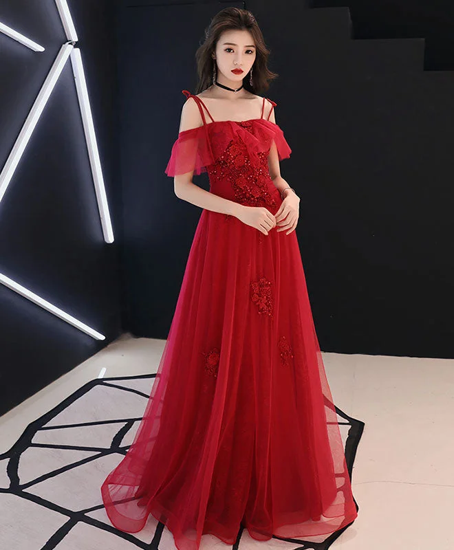 Red Tulle Lace Long Prom Dress Red Lace Formal Party Dress Off-the-shoulder Chic Trendy Red Tulle Lace Long Prom Dress Red Lace Formal Party Dress Off-the-shoulder Chic Trendy