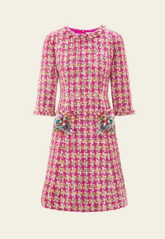 Fuchsia Houndstooth Frayed-trim Embellished Dress Tunics Travel practical
