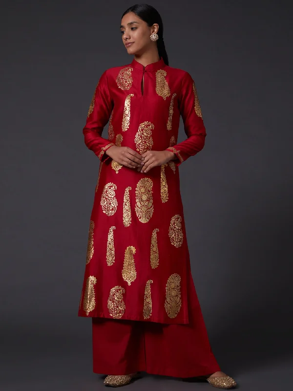 Red & Gold Block Printed Kurta With Pants Modern Bootcut Pants