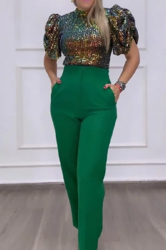 Sequined Glittery Mock Neck Puff Sleeve Pant Suit Classic Flared Pants