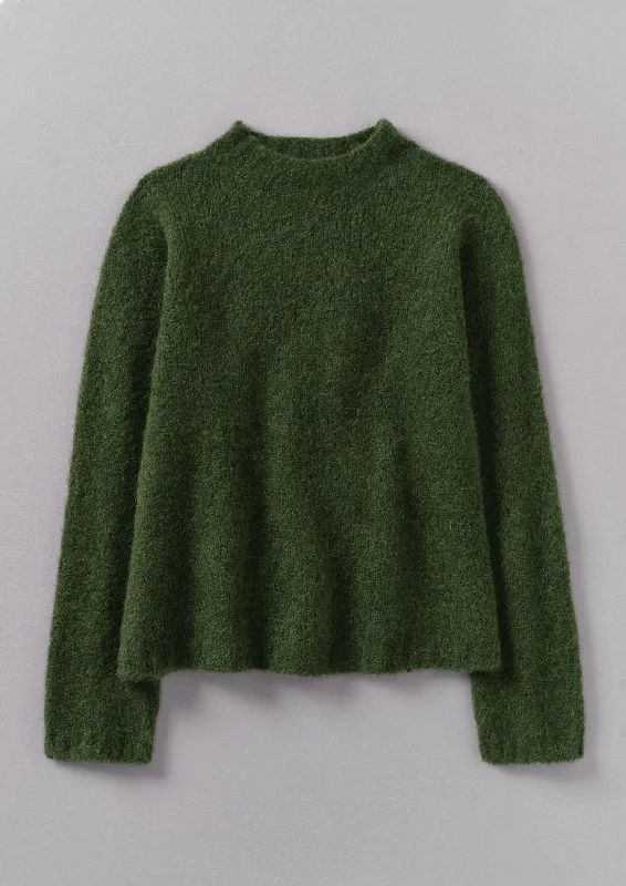 Brushed Alpaca High Neck Sweater | Moss Green Spandex Blend Rayon Blend Denim Blend