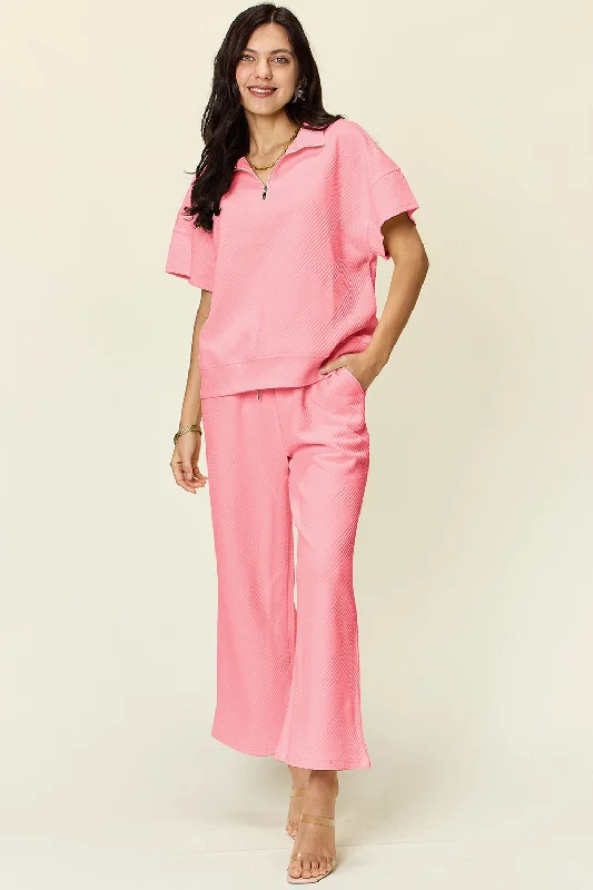 Hazel Blues® |  Double Take Texture Half Zip Short Sleeve Top and Pants Set Formal Slim Pants