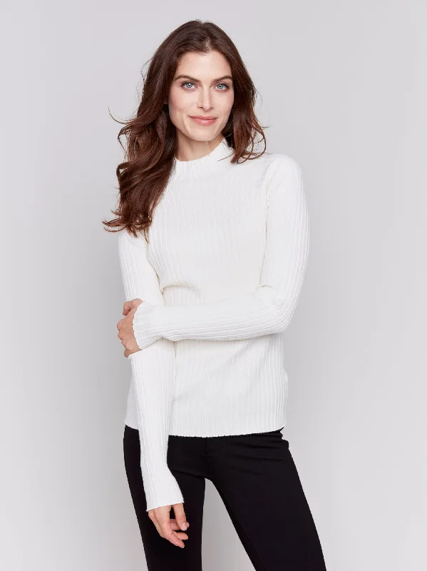 RIBBED KNIT MOCK NECK SWEATER - ECRU Satin Fabric Silk Fabric Chiffon Fabric