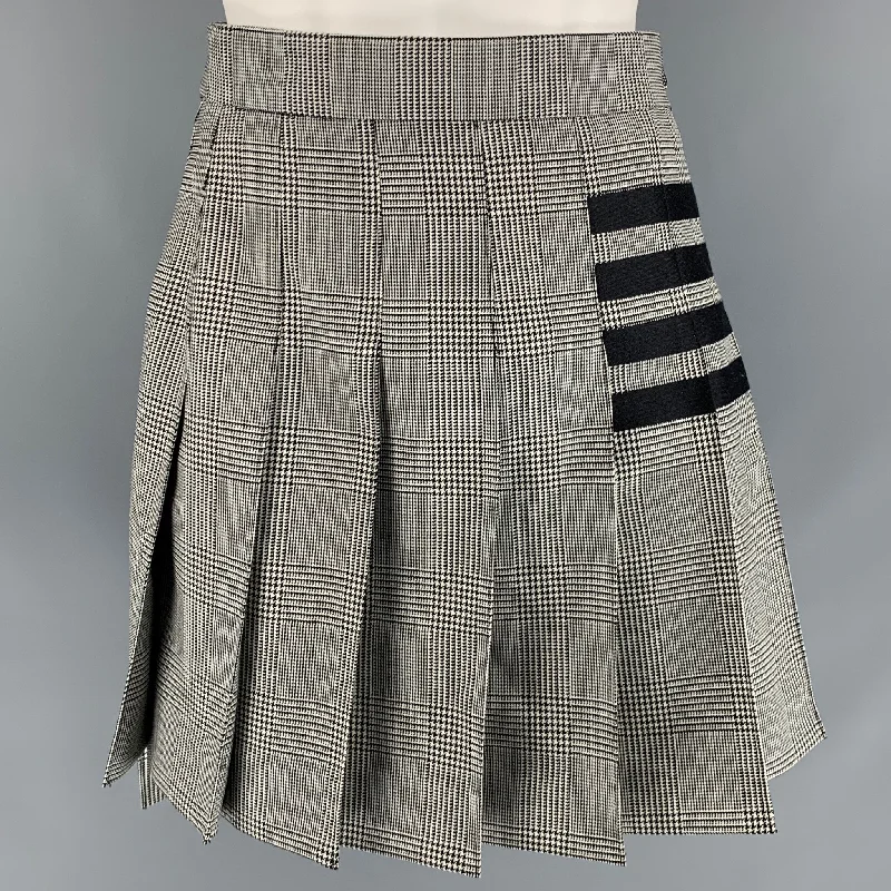 THOM BROWNE Size 2 Black White Wool Glen plaid Pleated Above Knee Skirt corduroy skirt cozy