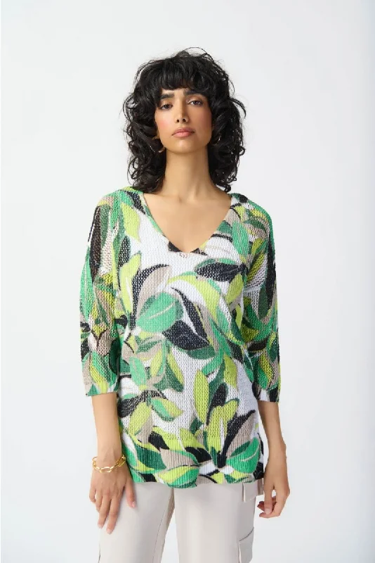 Joseph Ribkoff Vanilla/Multi Leaf Print 3/4 Sleeve Crochet Sweater Top 241918 Lightweight Heavyweight Midweight Joseph Ribkoff Vanilla/Multi Leaf Print 3/4 Sleeve Crochet Sweater Top 241918 Lightweight Heavyweight Midweight