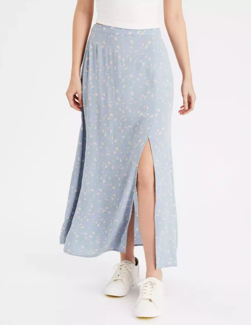 AE HIGH-WAISTED FLORAL SLIT MIDI SKIRT belted skirt waist