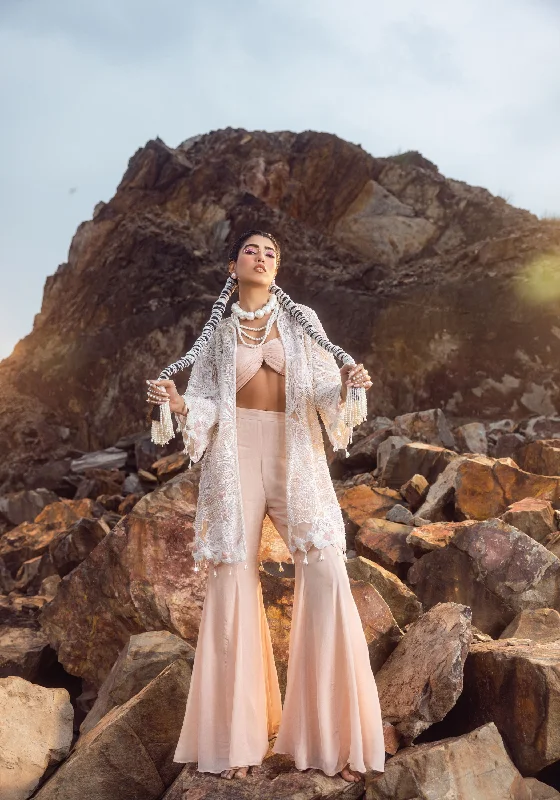 Hand Embroidered Pearl Jacket with Pant Set Classic Cropped Pants