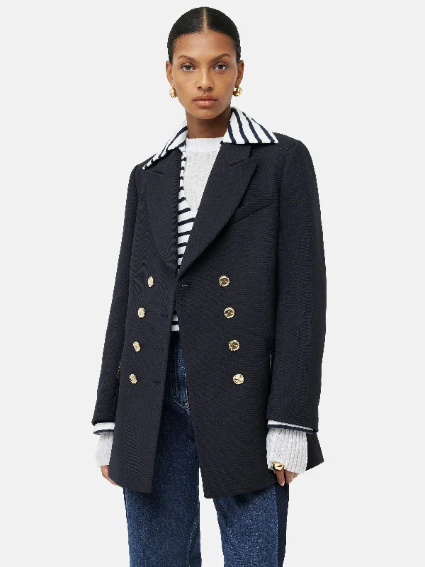 Military Jacket | Navy A-Line Jacket Boat Neck Shawl Collar