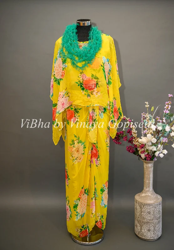 Yellow Floral Cowl Skirt with Detachable Cape and Frilled Stole leather skirt bold
