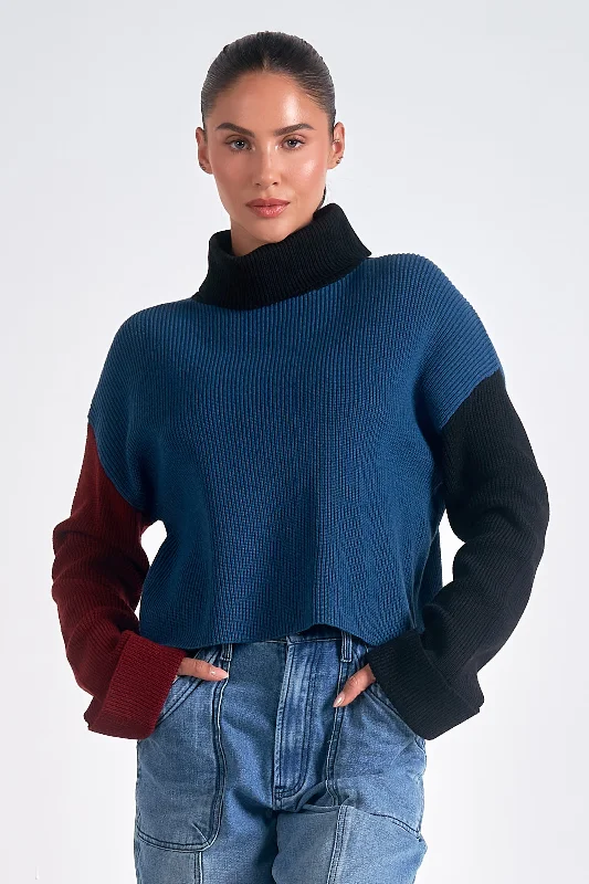 COLOR BLOCK TURTLE NECK CROPPED SWEATER - BLUE Oversized Loose Flowy