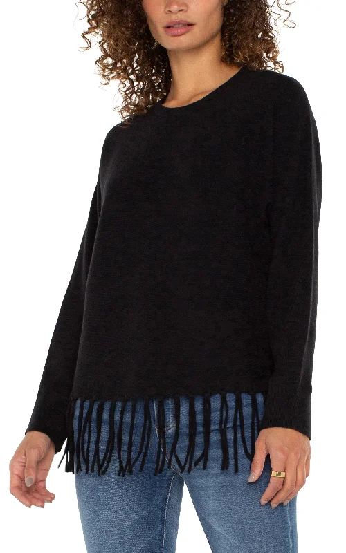 LONG SLEEVE SEAMLESS DOLMAN SWEATER W/FRINGE - BLACK Front Pockets Side Pockets Patch Pockets LONG SLEEVE SEAMLESS DOLMAN SWEATER W/FRINGE - BLACK Front Pockets Side Pockets Patch Pockets