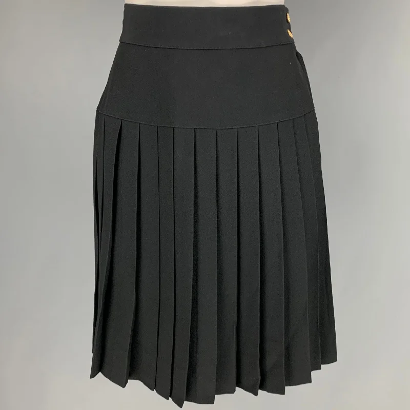 CHANEL Size 6 Black Acetate Rayon Pleated Below Knee Skirt high slit skirt
