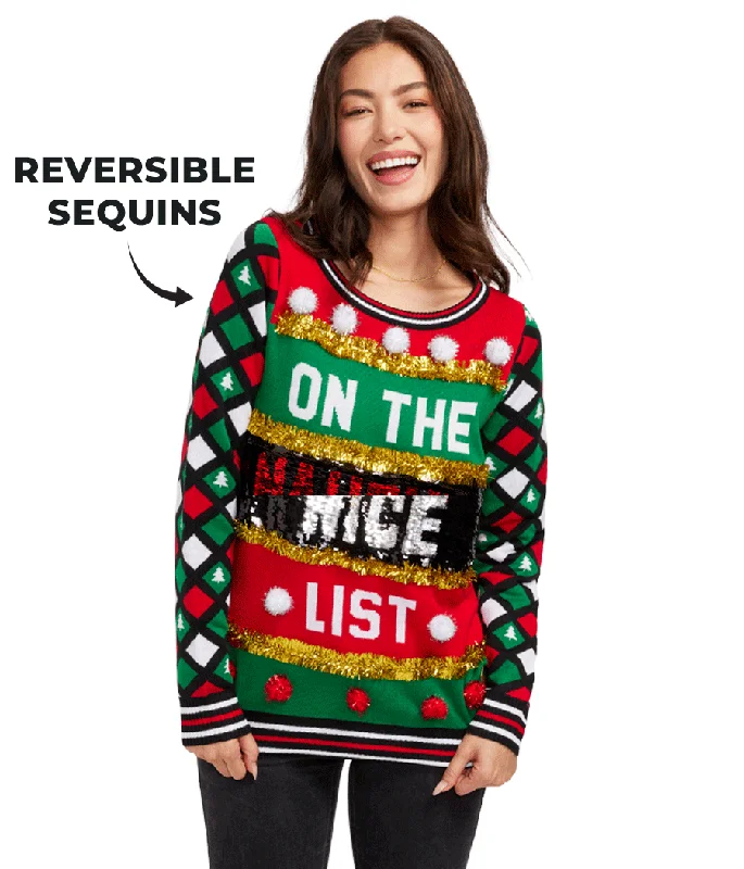 Women's Naughty or Nice Reversible Sequin Ugly Christmas Sweater Lightweight Heavyweight Midweight Women's Naughty or Nice Reversible Sequin Ugly Christmas Sweater Lightweight Heavyweight Midweight