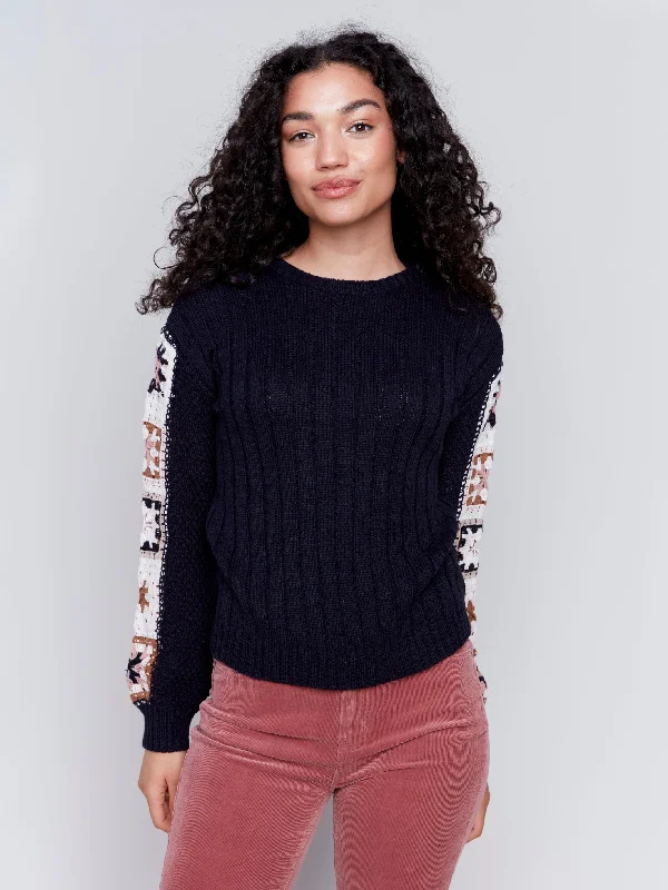 CROCHET SLEEVE SWEATER - NAVY Transparent Opaque Sheer