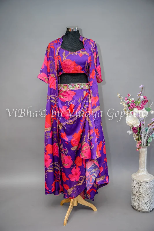 Purple And Pink Floral Print Cowl Skirt With Detachable Cape silk skirt lustrous
