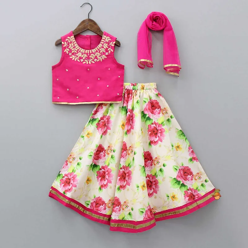 Pink Top With Floral Printed Skirt And Dupatta velvet skirt rich