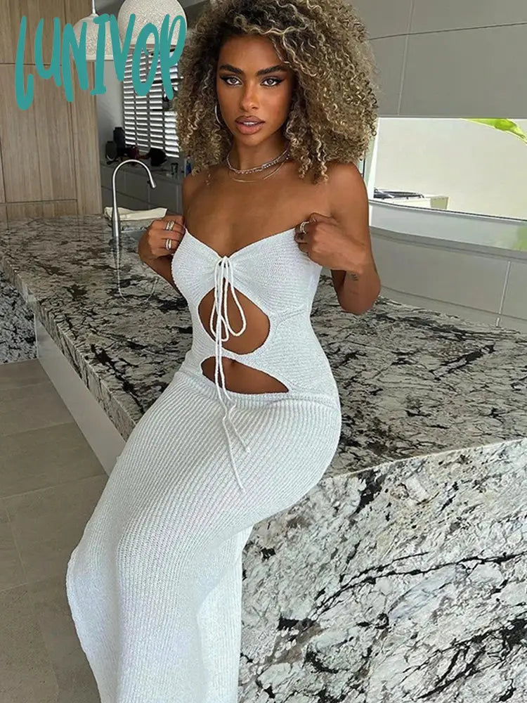 Lunivop Halter Sexy Club Backless Cut Out Maxi Dress for Women Knitted Fashion Sleeveless Long Sweaters Dresses Summer Clothes Summer Dress Fitted Slim Tailored
