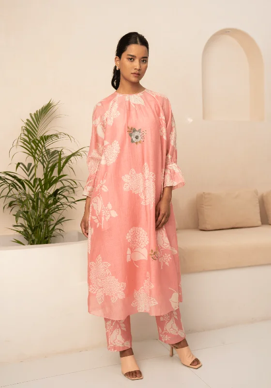 Pink Floral Printed Tunic And Pant Lightweight Jogger Pants