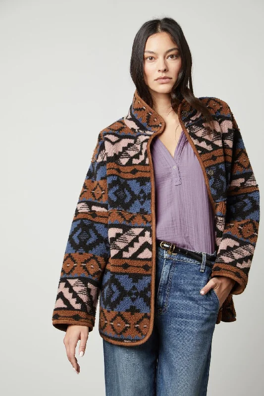 LAILA PRINTED SHERPA REVERSIBLE JACKET Rayon Fabric Velvet Fabric Corduroy Fabric