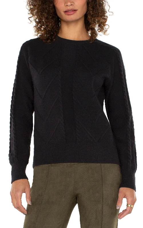 LONG SLEEVE CREW NECK RAGLAN SWEATER - BLACK Hooded Caped Shawl Collar