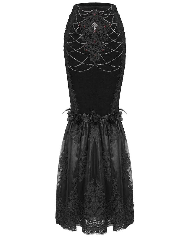 Eva Lady Dark Devore Baroque Gothic Velvet Chained Mermaid Skirt - Black ribbed skirt waist