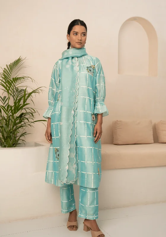 Mint Checks Printed Tunic And Pant With Dupatta Elegant Trouser Pants