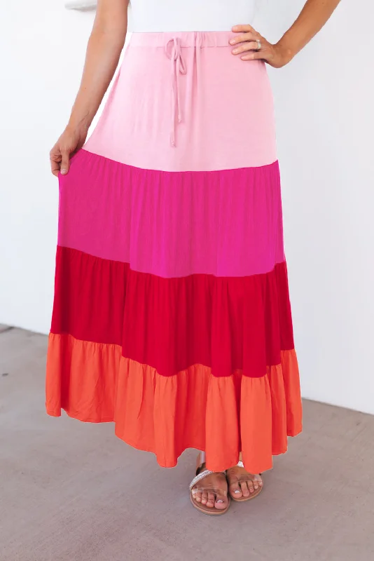 Pink Color Block Tiered Drawstring High Waist Maxi Skirt denim skirt durable