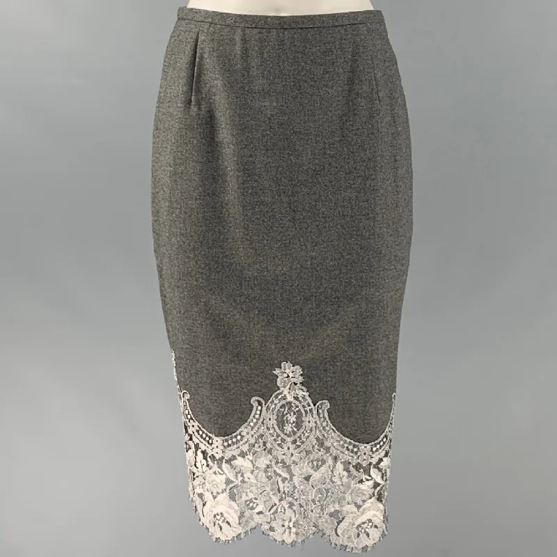 ESCADA Size 6 Grey Silver Wool Cashmere Lace Pencil Mid-Calf Skirt midi skirt versatile
