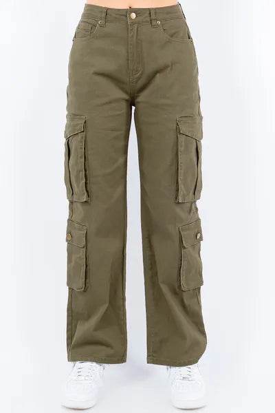 American Bazi Button Waist High Rise Cargo Pants Plus Size Classic Pleated Pants
