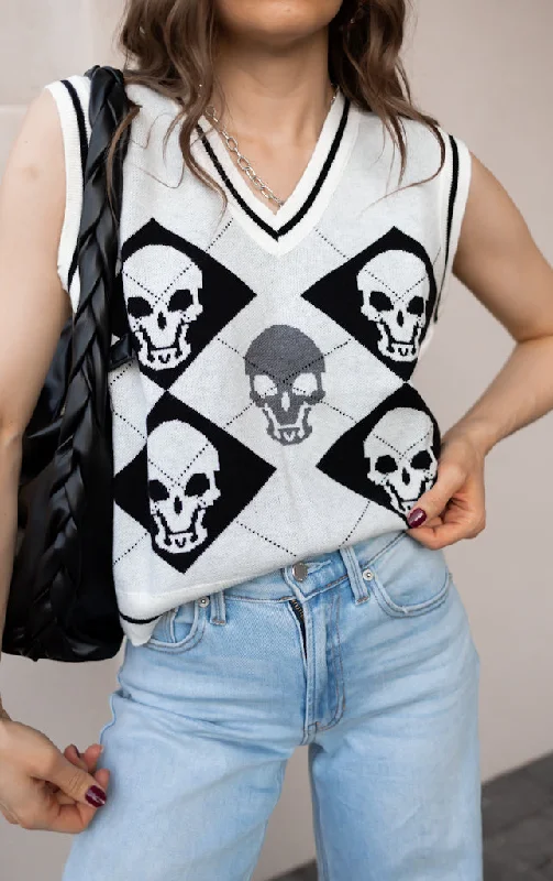 Skull Contrast V-Neck Sweater Vest Chenille Brocade Lace