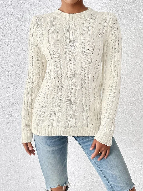 Cable-Knit Round Neck Sweater Spandex Rayon Corduroy
