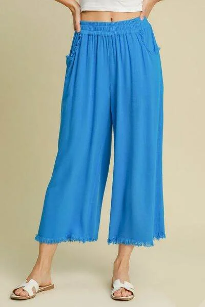 Umgee | Linen Blend Elastic Waistband Wide Leg Pants Plus Size Trendy Wide-Leg Pants