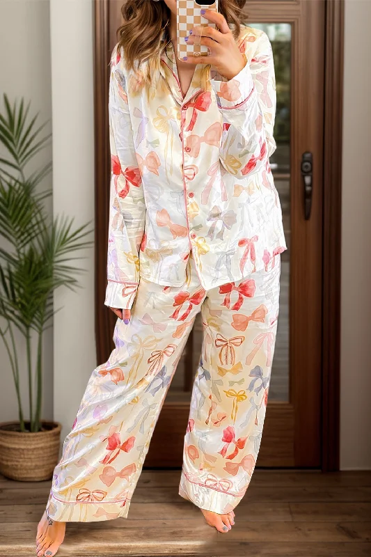 Hazel Blues® |  Bow Print Collared Neck Long Sleeve Top and Pants Lounge Set Comfy Cargo Trousers