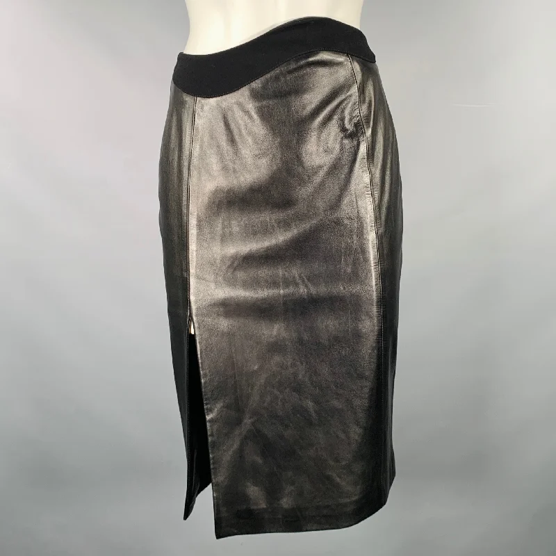 MUGLER Size 0 Black Lamb Skin Pencil Below Knee Skirt ruffled skirt detail