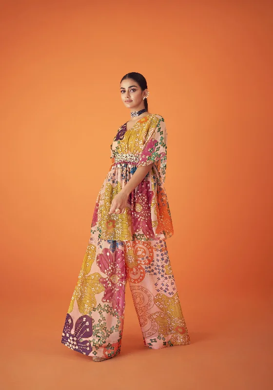 Peach Organza Waist Embellished Peplum Top Paired With Pants Modern Stretch Trousers Peach Organza Waist Embellished Peplum Top Paired With Pants Modern Stretch Trousers