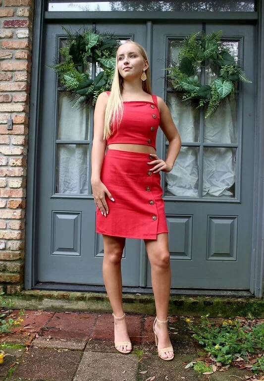 Red Button Down Top & Skirt Set midi skirt versatile