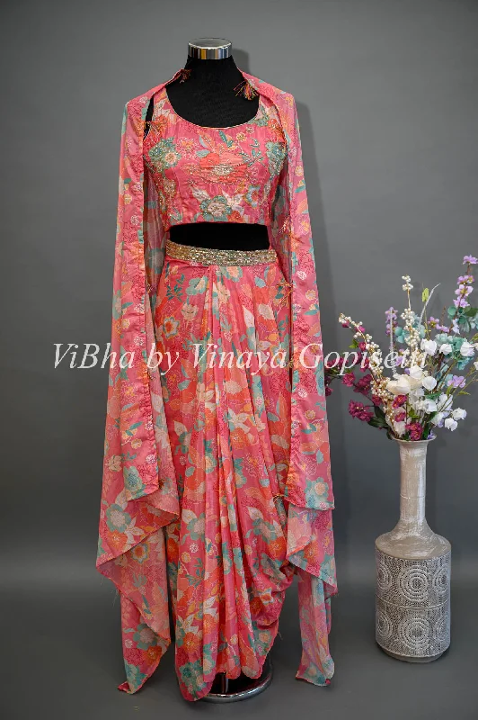 Dark Peach Pink Multi Floral Print Cowl Skirt With Detachable Cape velvet skirt plush