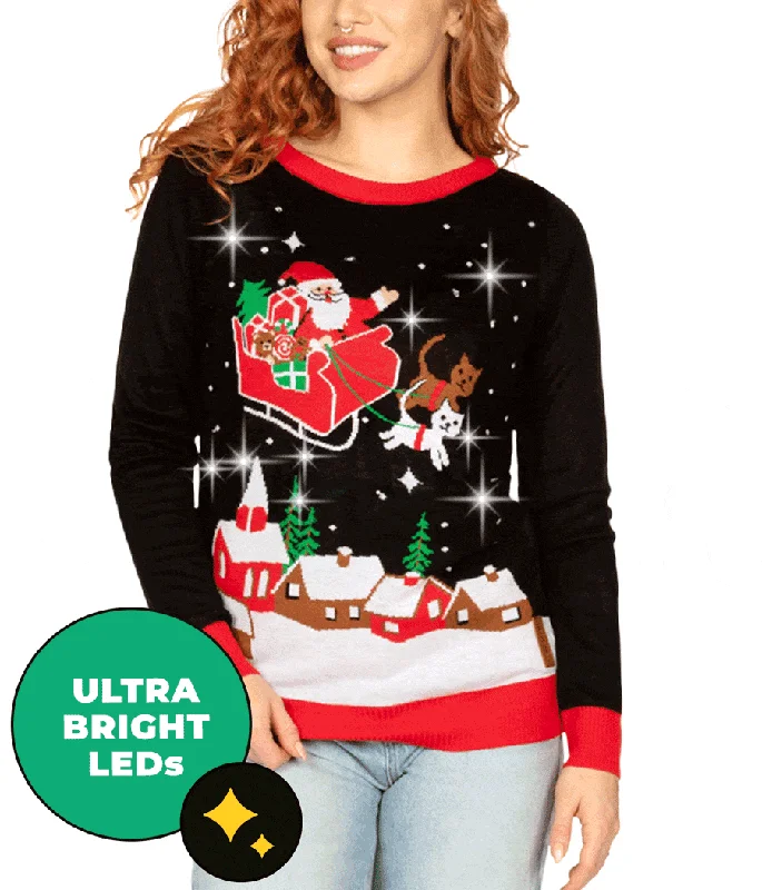 Women's Meowy Christmas Sleigh Light Up Ugly Christmas Sweater Silk Blend Satin Velvet Women's Meowy Christmas Sleigh Light Up Ugly Christmas Sweater Silk Blend Satin Velvet