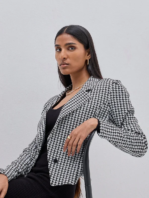 Wardrobe Black Houndstooth Print Jacket Satin Jacket Silk Jacket Chiffon Jacket