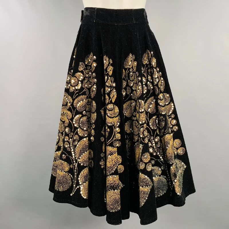 VINTAGE Size S Black Gold Velvet A-Line Midi Skirt satin skirt smooth