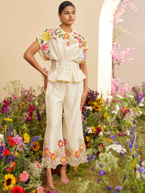Ivory Floral Applique Pants Fashionable Button-Up Pants