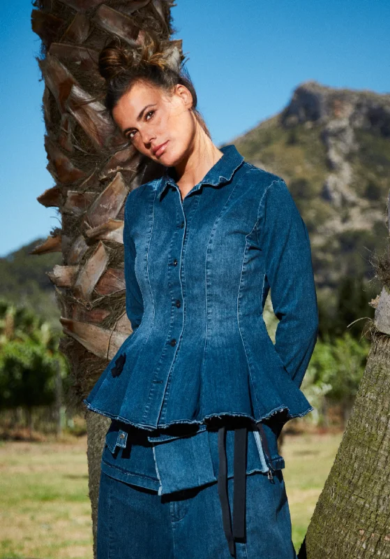 PLU Flared Jean Jacket Stand-Up Collar Roll-Neck Collar Turtle Neck